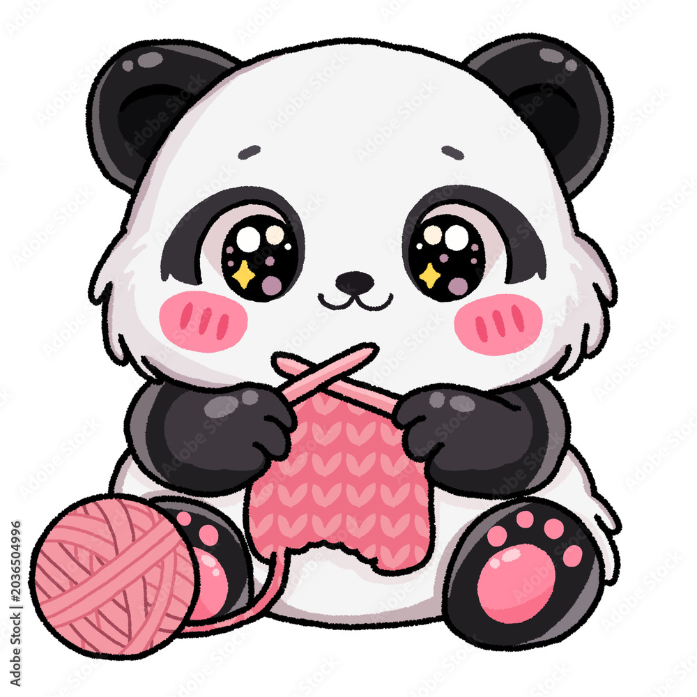 Obraz premium Cute Kawaii Panda Bear Knitting Pink Yarn with Crochet Hook Cartoon Character on transparent background