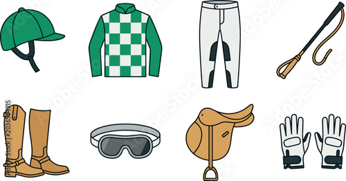 Horse Racing Jockey Equipment Vector Icon Set with Helmet Checkered Shirt Pants Whip Boots Goggles Saddle and Gloves for Equestrian Sports