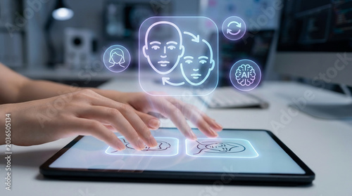 Person using AI software on a tablet for face swapping and deepfake creation with futuristic holographic interface in a modern tech office setting.