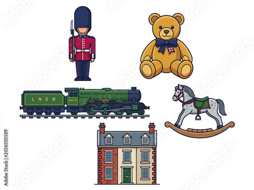 Vászonkép Vintage British Toy Collection Vector Illustration - London Guard, Teddy Bear wi
