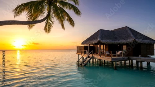 Beautiful overwater bungalow villa at sunset in the Maldives.