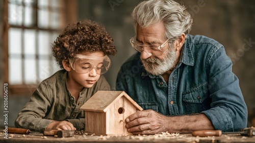 Grandfather and grandson building wooden birdhouse in garage workshop