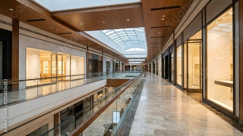 Modern Shopping Mall Interior with Empty Stores and Bright Skylight.