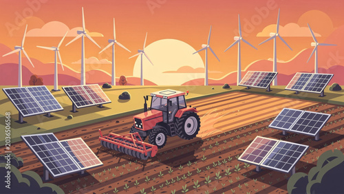 Agricultural wind farm with solar panels and tractor on a fertile field at sunset