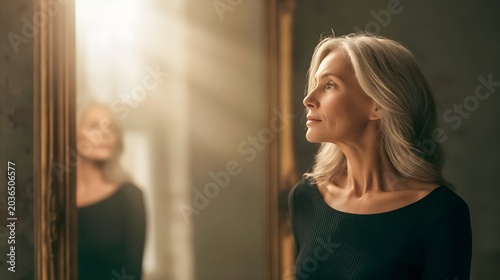 Senior woman looking in vintage mirror seeing her youthful reflection