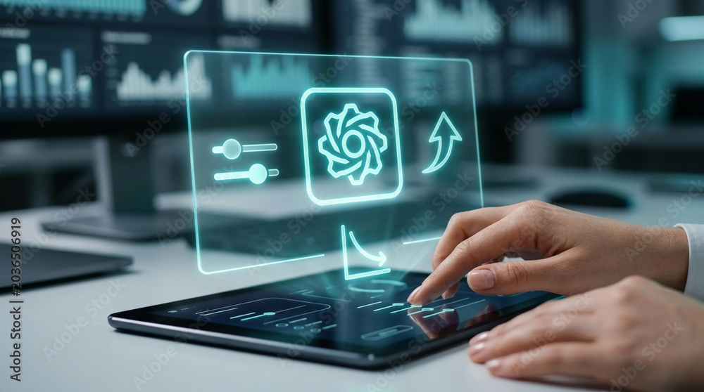 Fototapeta premium Business Person Using Futuristic Holographic Interface on Tablet for Data Analysis and Process Optimization in Modern Office Setting