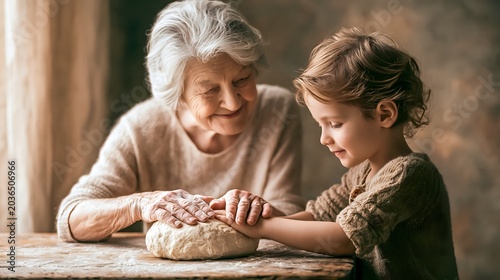 Grandmother teaching grandchild to knead dough in sunlit kitchen