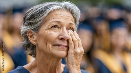 Proud elderly woman crying happy tears in audience at graduation ceremony