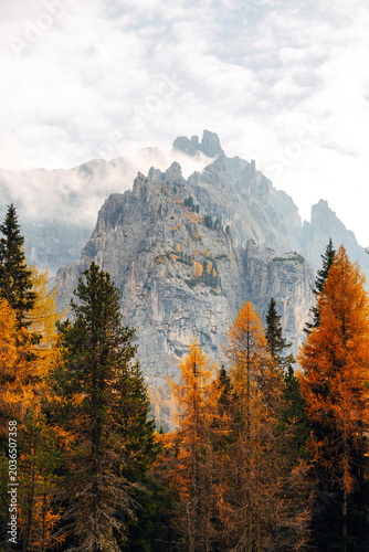 Majestic Dolomite Mountain Peak Looming Over Vibrant Autumn Forest, Dramatic Alpine Landscape in Golden Fall Colors