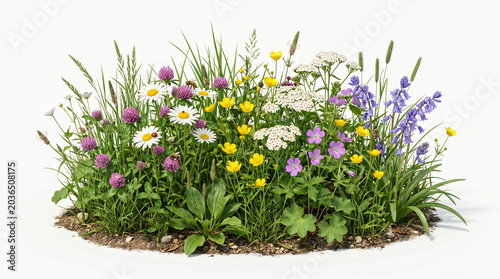 Isolated wildflower patch, lush summer meadow blooms, tall grass plants, scenic herbal groundcover on white background 