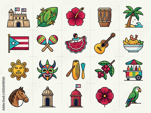 Εκτύπωση καμβά Puerto Rico Cultural Icons Set - Vector Illustration of Traditional Symbols, Lan