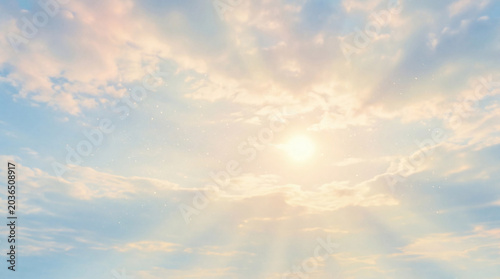 Foto Bright sun shining amidst fluffy clouds with brilliant rays, illuminating a vast blue sky with celestial glow