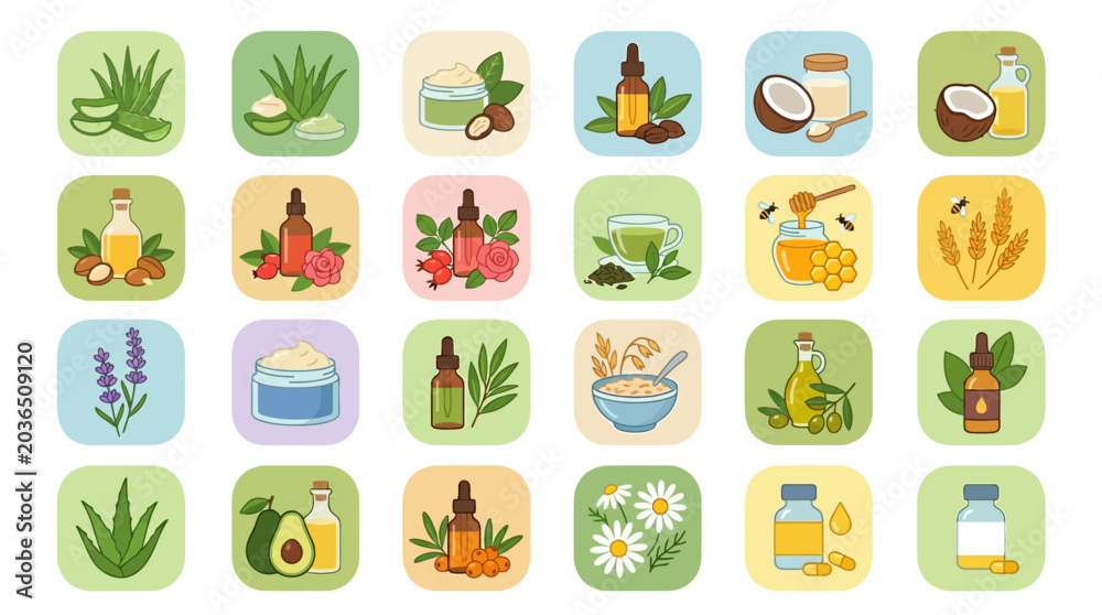 Fototapeta premium Herbal skincare product icons.
