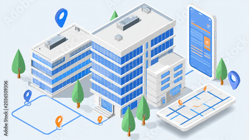 modern smart building with digital infrastructure and green surroundings.