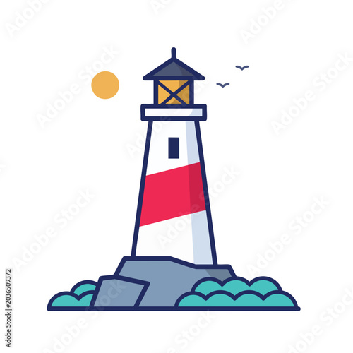 Minimalist vector illustration of a coastal lighthouse on rocks.
