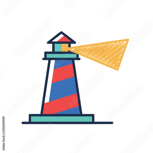 Stylized lighthouse icon with striped pattern and glowing beam.