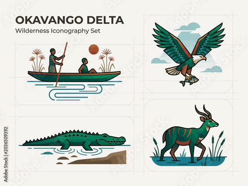 Bild auf Leinwand Okavango Delta African Safari Icon Set with Mokoro Canoe, Fish Eagle, Crocodile,