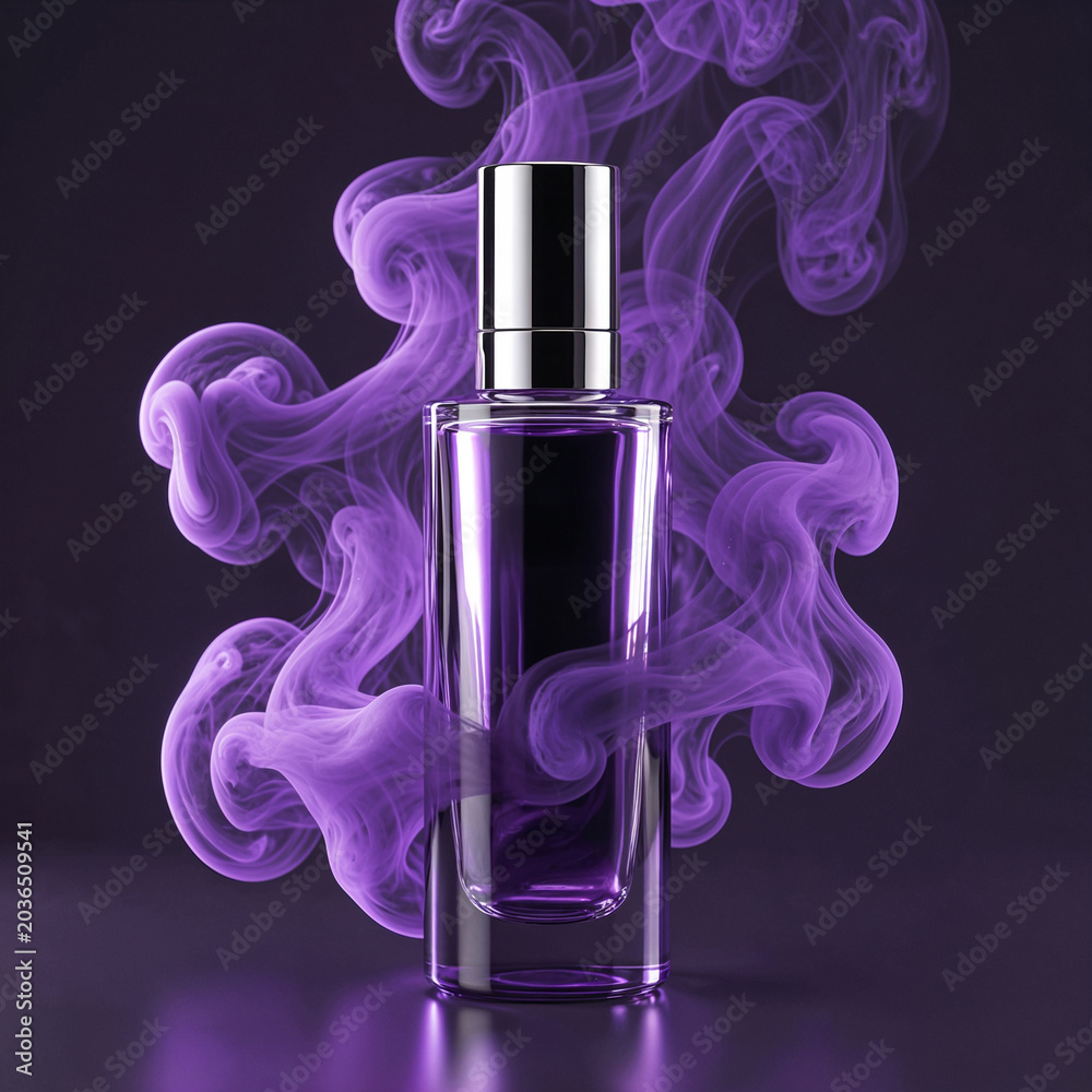 Naklejka premium Luxury skincare bottle encircled by ethereal purple smoke and luminous highlights, glossy glass realism, minimal futuristic aesthetic