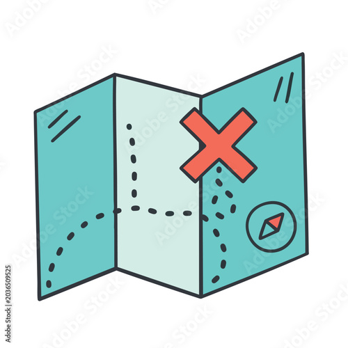 Cartoon folded map illustration with a large red cross mark and compass.