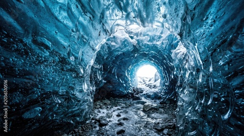 Stunning Ice Cave Tunnel with Blue Ice and Natural Light Effects