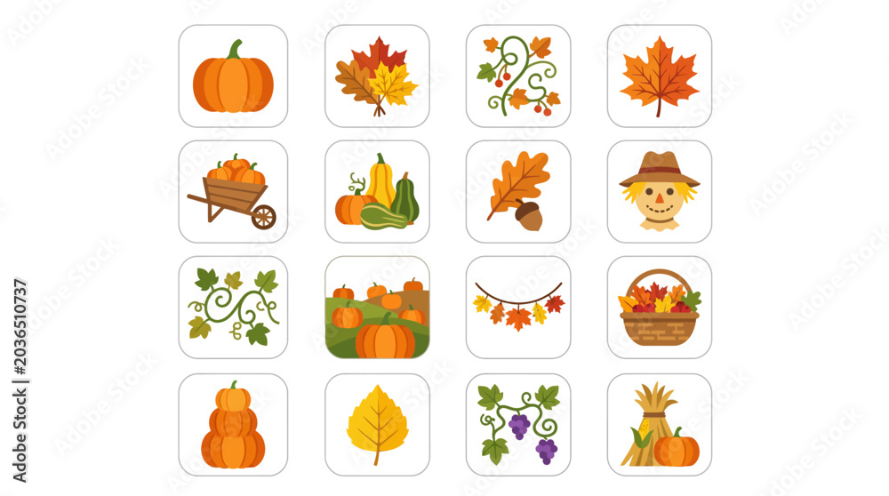 Fototapeta premium Fall icons with leaves and pumpkins.