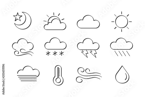 Obraz na plátně A set of simple, hand-drawn icons depicting various weather phenomena like sun,