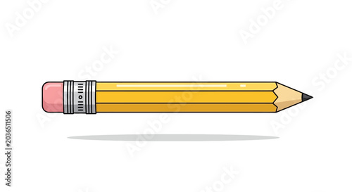 A yellow pencil with a pink eraser lies on a white background.