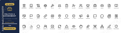 Foto Politics and Government Vector Line Icon Set — Democracy, Law, Election, Diploma