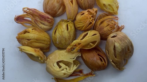 whole dried mace flowers (Javitri), a premium aromatic Indian spice, isolated on a white background.
