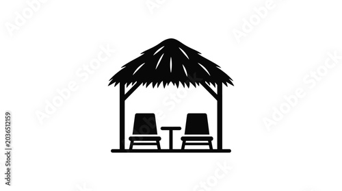 Tableau sur toile beach hut with chairs and table tropical vacation resort silhouette