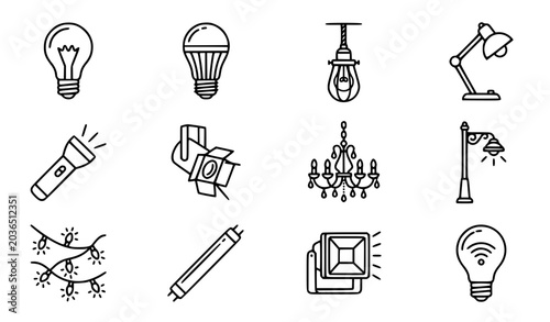 Tableau sur toile Collection of 12 Electric Light and Bulb Line Art Icons in 16:9 Full Frame Grid