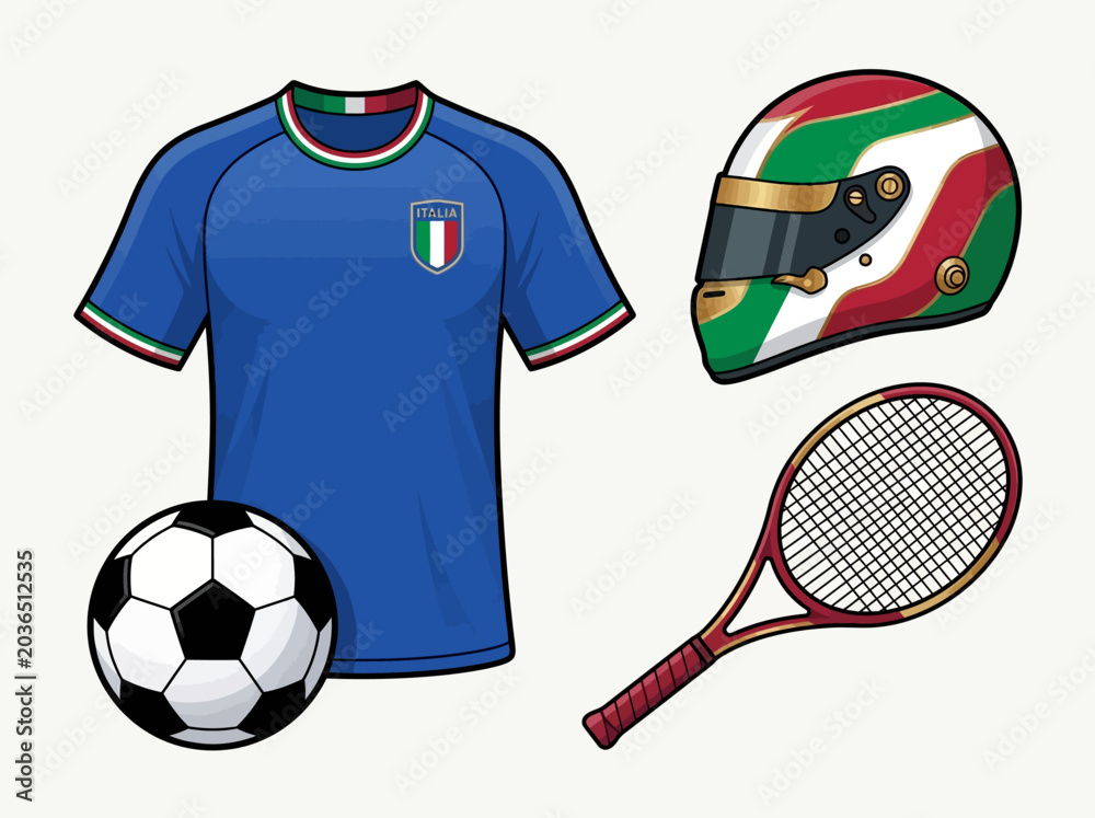 Naklejka premium Italian Sports Equipment Set Featuring Blue National Team Soccer Jersey, Football, Racing Helmet, and Tennis Racket Vector Illustration