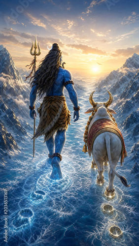 Lord Shiva and Nandi walking toward divine light across celestial path majestic Himalayan landscape spiritual journey Hindu mythology artistic Shiva artwork
