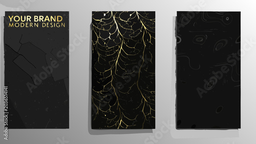 Bilde på lerret Three vertical rectangular designs featuring fractured floral and swirl patterns