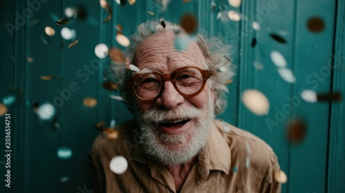A joyful elderly man is smiling amidst falling confetti, capturing the essence of celebration and happiness, showcasing cherished moments filled with laughter and joy.
