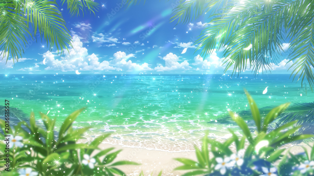 Obraz premium 青く輝く海と白い砂浜が広がる夏のトロピカルな風景、ヤシの木と南国の花々に囲まれたアニメスタイルの美しいビーチの背景イラスト