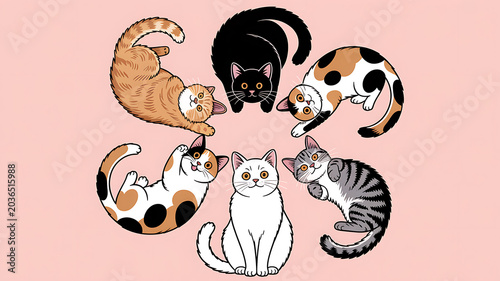 Playful Group of Cute Cats Illustration on Pink Background