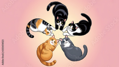 Five Adorable Illustrated Cats in a Playful Circle on a Soft Pink Background