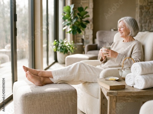 An elderly woman with grey hair relaxes in an armchair, holding a mug and looking out a large window, with her feet up on an ottoman in a bright, serene room.