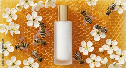 Cosmetic bottle with bees, honeycombs, and flowers