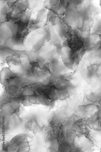Abstract black and white alcohol ink texture background. Monochromatic marble fluid art backdrop with smoky ink swirls.