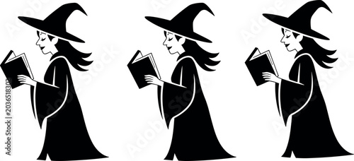 Schilderij op canvas Set of black and white silhouette vector illustrations featuring a young witch w