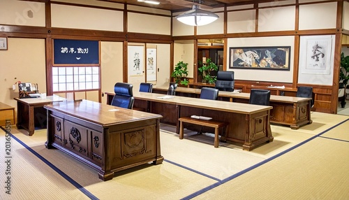 Traditional Japanese Office with Tatami Mats and Wooden Furniture.