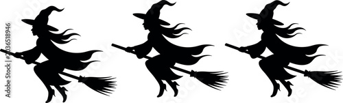 Schilderij op canvas Set of black silhouettes of a witch flying on a broomstick isolated on a white b