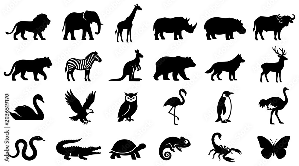 Fototapeta premium A comprehensive collection of diverse wild animal silhouettes, featuring various creatures in bold black vector illustrations perfect for design projects and educational resources