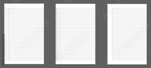 paper notebook, blank paper note book, notebook sheet, notebook page template, line notepad pages, dot graph notepad page vector illustration.