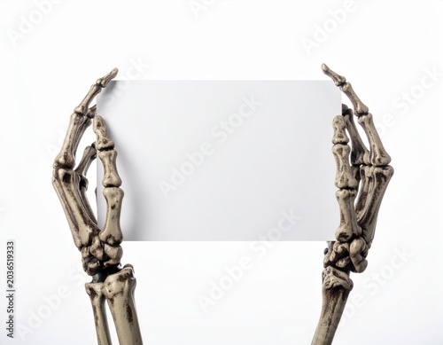 Two skeletal hands firmly grasp a blank white horizontal card, providing ample copy space for a custom message or important text on a clean isolated background