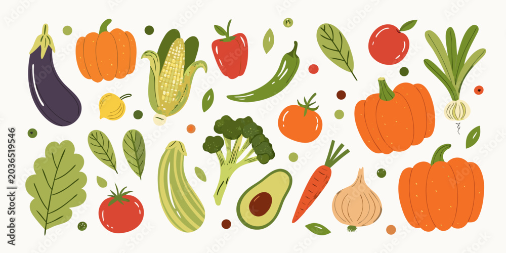 Fototapeta premium Colorful Vegetable Collection Vector Illustration With White Background