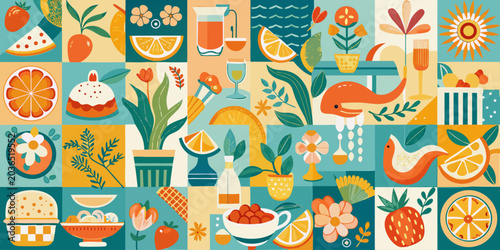 A vibrant summer-themed patchwork illustration showcasing a geometric mosaic grid filled with tropical fruits, refreshing cocktails, potted garden plants, and cheerful sun motifs.
