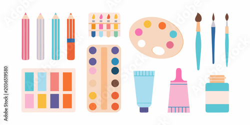 Art Supplies Including Paints Colored Pencils And Brushes Vector Illustration